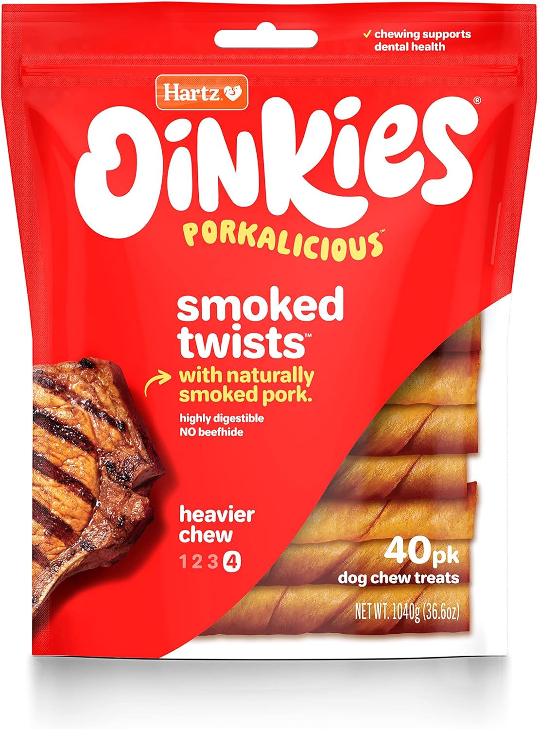 Hartz Oinkies Porkalicious Smoked Pig Skin Twists Dog Treats, 40 Count